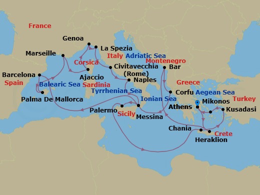 21 Night - The Best of the Mediterranean - Sun Princess - Starting in Athens (Piraeus), Greece, Crete (Heraklion), Greece, Montenegro, Corfu, Greece, Sicily (Messina), Italy, Barcelona, Spain, Mallorca (Palma), Spain, Marseille (Provence), France, Corsica (Ajaccio), France, Genoa (for Cinque Terre), Italy, La Spezia (for Florence / Pisa), Italy, Civitavecchia (for Rome), Italy, Naples, Italy (for Capri and Pompeii), Sicily (Messina), Italy, Sicily (Palermo), Italy, Crete (Chania), Greece, Kusadasi, Turkey (for Ephesus), Mykonos, Greece, Athens (Piraeus), Greece itinerary map