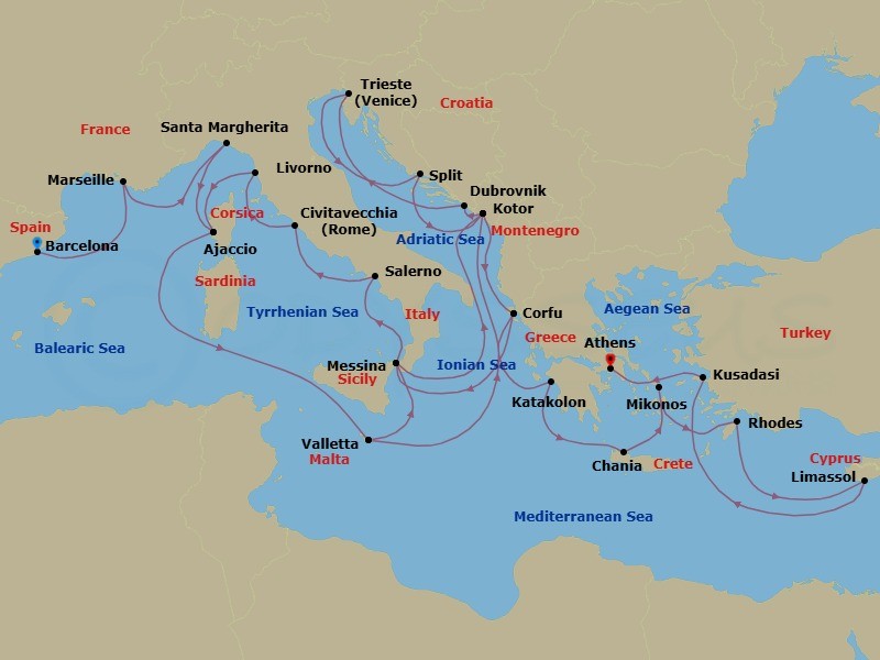 32 Night - The Best of the Mediterranean - Enchanted Princess - Starting in Barcelona, Spain, Marseille (Provence), France, Santa Margherita, Italy, Corsica (Ajaccio), France, Valletta, Malta, Kotor, Montenegro, Corfu, Greece, Sicily (Messina), Italy, Amalfi Coast (Salerno), Civitavecchia (for Rome), Italy, Livorno (for Florence / Pisa), Italy, Corsica (Ajaccio), France, Valletta, Malta, Sicily (Messina), Italy, Kotor, Montenegro, Dubrovnik, Croatia, Trieste (for Venice), Italy, Split, Croatia, Kotor, Montenegro, Corfu, Greece, Katakolon (for Olympia), Greece, Crete (Chania), Greece, Mykonos, Greece, Rhodes, Greece, Limassol, Cyprus, Kusadasi, Turkey (for Ephesus), Athens (Piraeus), Greece itinerary map