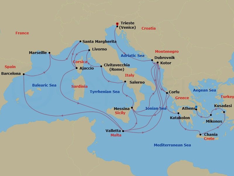 31 Night - The Best of the Mediterranean - Enchanted Princess - Starting in Athens (Piraeus), Greece, Mykonos, Greece, Kusadasi, Turkey (for Ephesus), Crete (Chania), Greece, Katakolon (for Olympia), Greece, Corfu, Greece, Kotor, Montenegro, Valletta, Malta, Barcelona, Spain, Marseille (Provence), France, Santa Margherita, Italy, Corsica (Ajaccio), France, Valletta, Malta, Kotor, Montenegro, Corfu, Greece, Sicily (Messina), Italy, Amalfi Coast (Salerno), Civitavecchia (for Rome), Italy, Livorno (for Florence / Pisa), Italy, Corsica (Ajaccio), France, Valletta, Malta, Sicily (Messina), Italy, Kotor, Montenegro, Dubrovnik, Croatia, Trieste (for Venice), Italy itinerary map