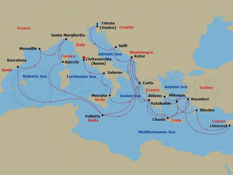 32 Night - The Best of the Mediterranean - Enchanted Princess - Starting in Trieste (for Venice), Italy, Split, Croatia, Kotor, Montenegro, Corfu, Greece, Katakolon (for Olympia), Greece, Crete (Chania), Greece, Mykonos, Greece, Rhodes, Greece, Limassol, Cyprus, Kusadasi, Turkey (for Ephesus), Athens (Piraeus), Greece, Mykonos, Greece, Kusadasi, Turkey (for Ephesus), Crete (Chania), Greece, Katakolon (for Olympia), Greece, Corfu, Greece, Kotor, Montenegro, Valletta, Malta, Barcelona, Spain, Marseille (Provence), France, Santa Margherita, Italy, Corsica (Ajaccio), France, Valletta, Malta, Kotor, Montenegro, Corfu, Greece, Sicily (Messina), Italy, Amalfi Coast (Salerno), Civitavecchia (for Rome), Italy itinerary map