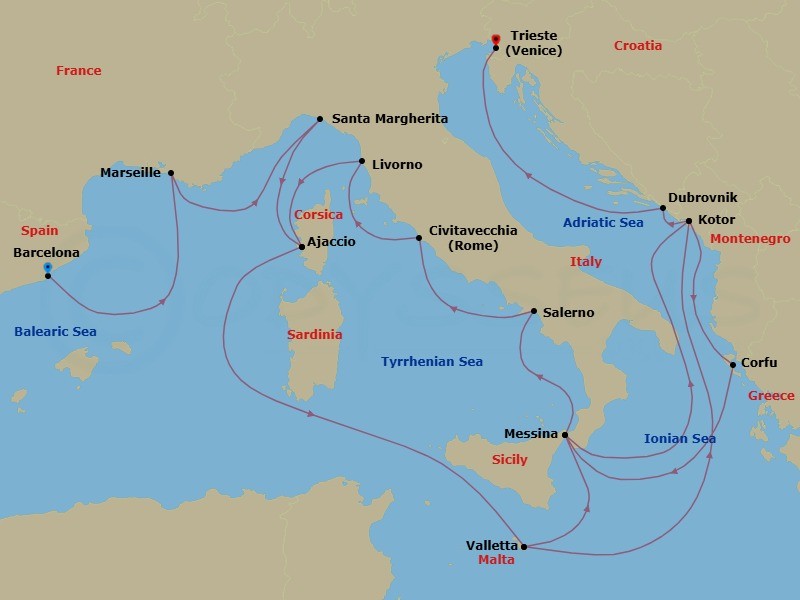 21 Night - The Best of the Mediterranean - Enchanted Princess - Starting in Barcelona, Spain, Marseille (Provence), France, Santa Margherita, Italy, Corsica (Ajaccio), France, Valletta, Malta, Kotor, Montenegro, Corfu, Greece, Sicily (Messina), Italy, Amalfi Coast (Salerno), Civitavecchia (for Rome), Italy, Livorno (for Florence / Pisa), Italy, Corsica (Ajaccio), France, Valletta, Malta, Sicily (Messina), Italy, Kotor, Montenegro, Dubrovnik, Croatia, Trieste (for Venice), Italy itinerary map