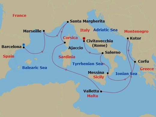 11 Night - Mediterranean with Greek Isles & Italy - Enchanted Princess - Starting in Barcelona, Spain, Marseille (Provence), France, Santa Margherita, Italy, Corsica (Ajaccio), France, Valletta, Malta, Kotor, Montenegro, Corfu, Greece, Sicily (Messina), Italy, Amalfi Coast (Salerno), Civitavecchia (for Rome), Italy itinerary map