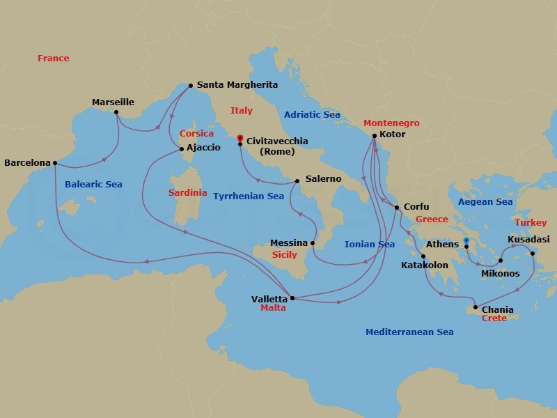 21 Night - The Best of the Mediterranean - Enchanted Princess - Starting in Athens (Piraeus), Greece, Mykonos, Greece, Kusadasi, Turkey (for Ephesus), Crete (Chania), Greece, Katakolon (for Olympia), Greece, Corfu, Greece, Kotor, Montenegro, Valletta, Malta, Barcelona, Spain, Marseille (Provence), France, Santa Margherita, Italy, Corsica (Ajaccio), France, Valletta, Malta, Kotor, Montenegro, Corfu, Greece, Sicily (Messina), Italy, Amalfi Coast (Salerno), Civitavecchia (for Rome), Italy itinerary map