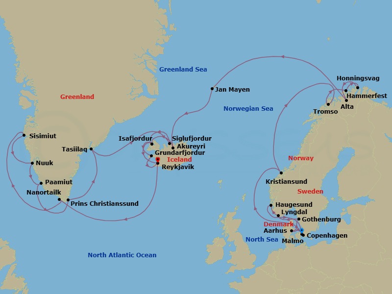 32 Night - Baltic & Northern Europe - Crystal Symphony - Starting in Copenhagen, Aarhus, Gothenburg, Lyngdal, Haugesund, Maloy, Kristiansund, Tromso, Hammerfest, Honningsvag (Nord Cape), Alta, Jan Mayen Island (Sightseeing Only), Akureyri, Isafjordur, Reykjavik, Nanortalik (Kujalleq), Sisimiut, Nuuk (Godthab), Paamiut, Cruise Prince Kristian Fjord, Tasiilaq, Siglufjordur, Isafjordur, Grundarfjordur, Reykjavik itinerary map