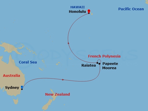 16 Night - Transpacific Cruise - Anthem of the Seas - Starting in Sydney AU, International Dateline, Papeete, Tahiti, Moorea, French Polynesia, Raiatea, French Polynesia, Honolulu, Oahu, Hawaii itinerary map