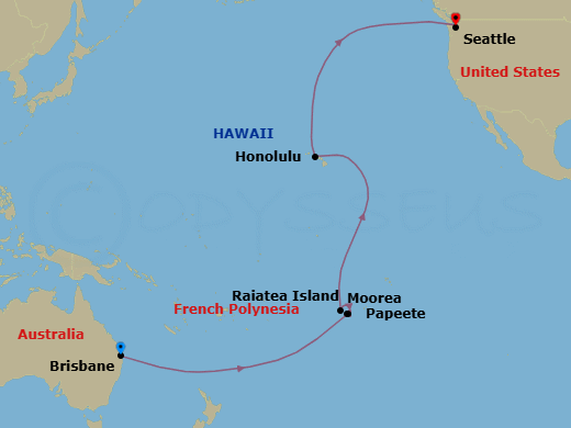 23 Night - Transpacific Cruise - Quantum of the Seas - Starting in Brisbane, Australia, International Dateline, Papeete, Tahiti, Moorea, French Polynesia, Raiatea, French Polynesia, Honolulu, Oahu, Hawaii, Seattle, Washington itinerary map