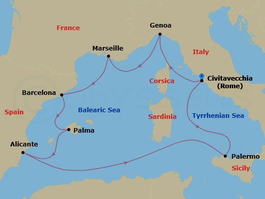 8 Night - Western Mediterranean from Civitavecchia - Costa Toscana - Starting in Civitavecchia (Rome), Genoa (Portofino), Marseille, Barcelona, Palma De Mallorca, Alicante, Palermo, Civitavecchia (Rome) itinerary map