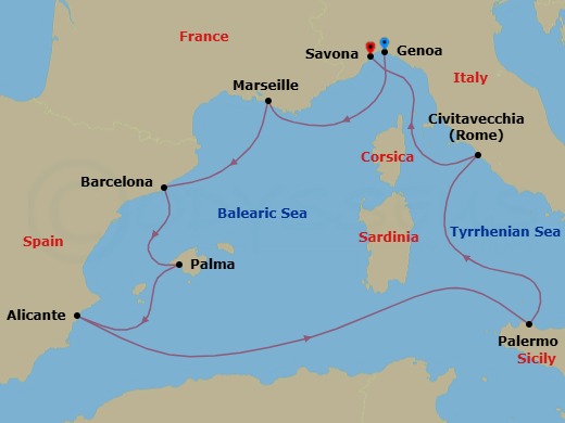 8 Night - Western Mediterranean from Genova - Costa Toscana - Starting in Genoa (Portofino), Marseille, Barcelona, Palma De Mallorca, Alicante, Palermo, Civitavecchia (Rome), Savona itinerary map