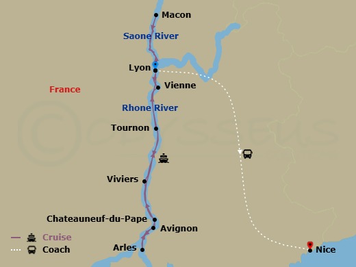 13 Night - Spectacular South of France with French Riviera - Scenic Sapphire - Starting in Lyon, Lyon / Vienne, Chateauneuf-du-Pape / Arles, Arles / Avignon, Avignon, Viviers, Tournon, Lyon, Macon, Lyon / Nice, Nice itinerary map