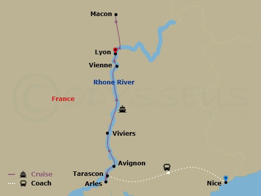 10 Night - Idyllic Rhone with French Riviera - Scenic Sapphire - Starting in Nice, Nice / Tarascon, Arles / Avignon, Avignon, Viviers, Vienne, Lyon, Macon, Lyon itinerary map