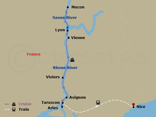 10 Night - Idyllic Rhone with French Riviera - Scenic Sapphire - Starting in Lyon, Macon, Lyon, Vienne, Viviers / Avignon, Avignon, Arles, Tarascon / Nice, Nice itinerary map