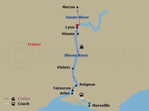 7 Night - Idyllic Rhone - Scenic Sapphire - Starting in Marseille / Tarascon, Arles / Avignon, Avignon, Viviers, Vienne, Lyon, Macon, Lyon itinerary map