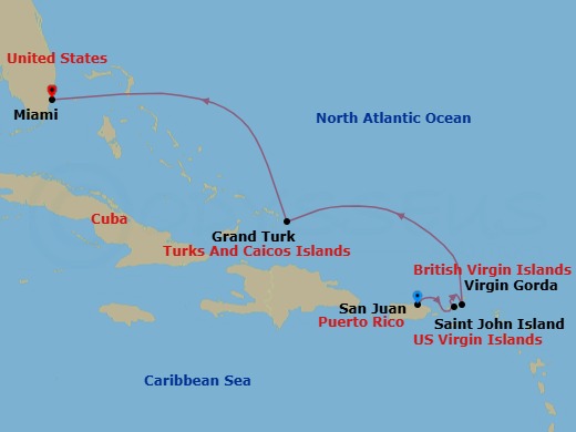 6 Night - San Juan / Miami, Florida - Ilma - Starting in San Juan, St John VI, Virgin Gorda, Grand Turk, Miami, Florida itinerary map