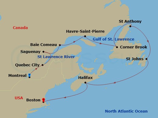 11 Night - Canada & New England Circle : Maritimes & New France - Volendam - Starting in Montreal, Quebec, Canada, Saint Lawrence River Cruising, Quebec City, Quebec, Canada, Saguenay, Quebec, Canada, Baie-Comeau, Quebec, Canada, Havre-Saint-Pierre, Quebec, Canada, Corner Brook, Newfoundland, Canada, St Anthony, Newfoundland, Canada, St Johns NF, Newfoundland, Halifax, Nova Scotia, Canada, Boston, Massachusetts itinerary map