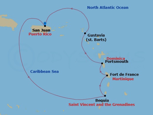 6 Night - San Juan / San Juan - Ilma - Starting in San Juan, Bequia, Fort-de-France, Portsmouth DM, Gustavia, San Juan itinerary map