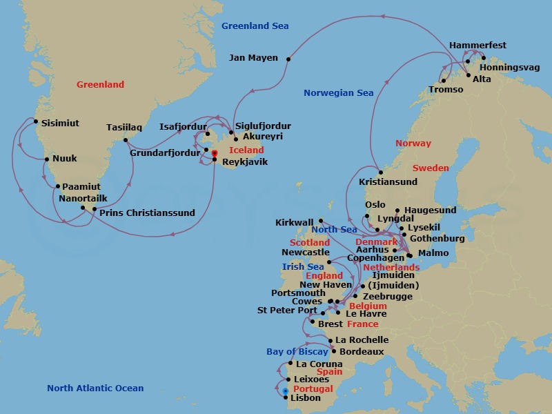 54 Night - Baltic & Northern Europe - Crystal Symphony - Starting in Lisbon, Oporto (Leixoes), A Coruna, Bordeaux, La Rochelle, France, Brest, St Peter Port, Le Havre, Cowes, Portsmouth UK, Zeebrugge, Ijmuiden (Amsterdam), Newcastle upon Tyne, Newhaven, Kirkwall, Oslo, Lysekil, Copenhagen, Aarhus, Gothenburg, Lyngdal, Haugesund, Maloy, Kristiansund, Tromso, Hammerfest, Honningsvag (Nord Cape), Alta, Jan Mayen Island (Sightseeing Only), Akureyri, Isafjordur, Reykjavik, Nanortalik (Kujalleq), Sisimiut, Nuuk (Godthab), Paamiut, Cruise Prince Kristian Fjord, Tasiilaq, Siglufjordur, Isafjordur, Grundarfjordur, Reykjavik itinerary map
