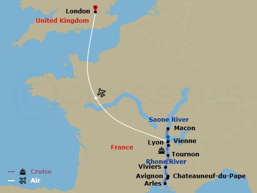 13 Night - Spectacular South of France with London - Scenic Sapphire - Starting in Lyon, Lyon / Vienne, Chateauneuf-du-Pape / Arles, Arles / Avignon, Avignon, Viviers, Tournon, Lyon, Macon, Lyon / London, London itinerary map