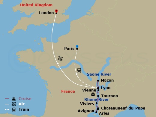 15 Night - Spectacular South of France with Paris & London - Scenic Sapphire - Starting in Paris, Paris / Lyon, Lyon / Vienne, Chateauneuf-du-Pape / Arles, Arles / Avignon, Avignon, Viviers, Tournon, Lyon, Macon, Lyon / London, London itinerary map