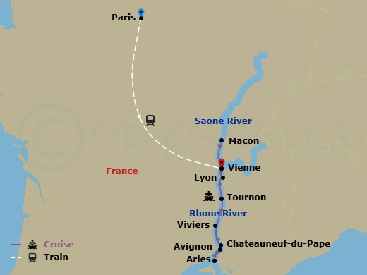 12 Night - South of France with Highlights of Paris - Scenic Sapphire - Starting in Paris, Paris / Lyon, Lyon / Vienne, Chateauneuf-du-Pape / Arles, Arles / Avignon, Avignon, Viviers, Tournon, Lyon, Macon, Lyon itinerary map