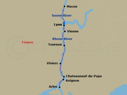 10 Night - Spectacular South of France - Scenic Sapphire - Starting in Lyon, Lyon / Vienne, Chateauneuf-du-Pape / Arles, Arles / Avignon, Avignon, Viviers, Tournon, Lyon, Macon, Lyon itinerary map