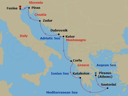 9 Night - Empires of the Mediterranean - Viking Star - Starting in Athens (Piraeus), Santorini (Thira), Katakolon (Olympia), Corfu (Kerkyra), Kotor, Dubrovnik, Croatia, Zadar, Piran, Venice (Fusina) itinerary map