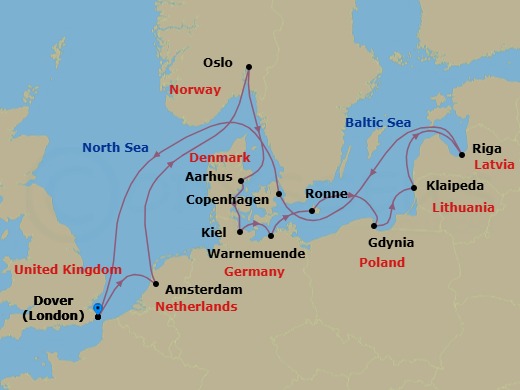 14 Night - Baltic Capitals & Berlin Oktoberfest - Nieuw Statendam - Starting in Dover UK (London), England, Amsterdam, the Netherlands, Oslo, Norway, Aarhus, Denmark, Kiel (Hamburg), Germany, Warnemunde (Berlin), Germany, Ronne (Bornholm), Denmark, Gdynia (Gdansk), Poland, Klaipeda, Lithuania, Riga, Latvia, Copenhagen, Denmark, Dover UK (London), England itinerary map