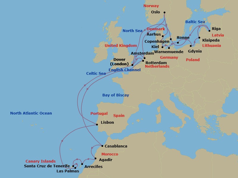 28 Night - Oktoberfest & Canary Islands - Nieuw Statendam - Starting in Dover UK (London), England, Amsterdam, the Netherlands, Oslo, Norway, Aarhus, Denmark, Kiel (Hamburg), Germany, Warnemunde (Berlin), Germany, Ronne (Bornholm), Denmark, Gdynia (Gdansk), Poland, Klaipeda, Lithuania, Riga, Latvia, Copenhagen, Denmark, Dover UK (London), England, Rotterdam, the Netherlands, Casablanca, Morocco, Agadir, Morocco, Arrecife, Lanzarote, Canary Islands, Spain, Santa Cruz de Tenerife, Las Palmas, Gran Canaria, Canary Islands, Spain, Lisbon, Portugal, Dover UK (London), England itinerary map