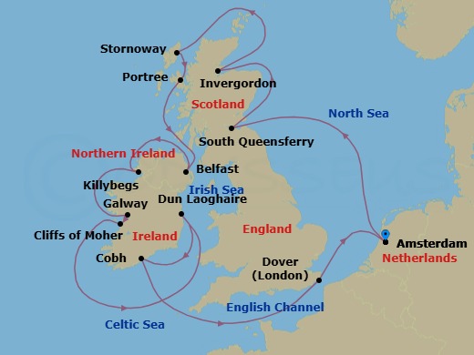 14 Night - Wild British Isles : Belfast - Nieuw Statendam - Starting in Amsterdam, the Netherlands, South Queensferry (Edinburgh), Scotland, United Kingdom, Invergordon (Inverness), Scotland, United Kingdom, Stornoway, Isle of Lewis, Scotland, United Kingdom, Portree (Isle of Skye), Scotland, United Kingdom, Belfast, Northern Ireland, United Kingdom, Killybegs, Donegal, Ireland, Galway, Ireland, Scenic cruising Cliffs of Moher, Dun Laoghaire (Dublin), Ireland, Cobh (Cork), Ireland, Dover UK (London), England, Amsterdam, the Netherlands itinerary map