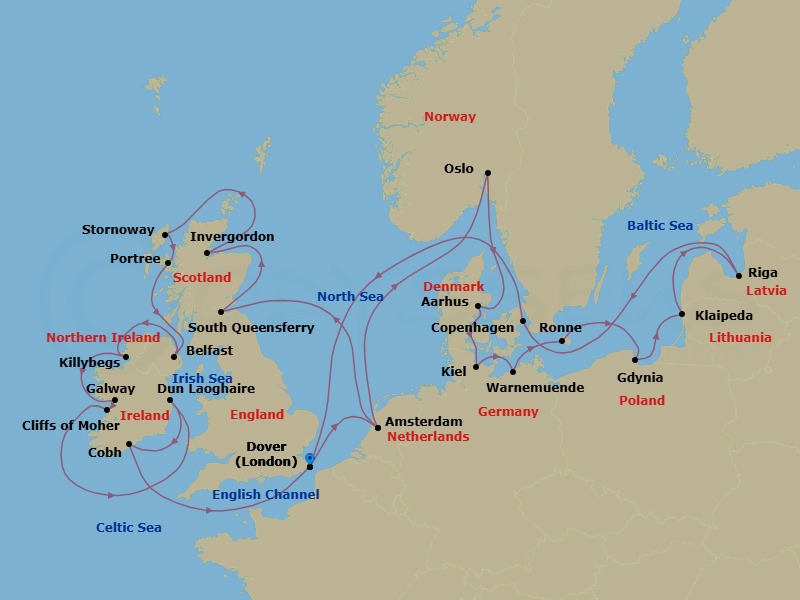 28 Night - British Isles & Oktoberfest - Nieuw Statendam - Starting in Dover UK (London), England, Amsterdam, the Netherlands, South Queensferry (Edinburgh), Scotland, United Kingdom, Invergordon (Inverness), Scotland, United Kingdom, Stornoway, Isle of Lewis, Scotland, United Kingdom, Portree (Isle of Skye), Scotland, United Kingdom, Belfast, Northern Ireland, United Kingdom, Killybegs, Donegal, Ireland, Galway, Ireland, Scenic cruising Cliffs of Moher, Dun Laoghaire (Dublin), Ireland, Cobh (Cork), Ireland, Dover UK (London), England, Amsterdam, the Netherlands, Oslo, Norway, Aarhus, Denmark, Kiel (Hamburg), Germany, Warnemunde (Berlin), Germany, Ronne (Bornholm), Denmark, Gdynia (Gdansk), Poland, Klaipeda, Lithuania, Riga, Latvia, Copenhagen, Denmark, Dover UK (London), England itinerary map