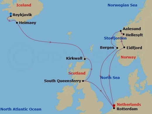 14 Night - Celtic Origins & Norway Fjords - Rotterdam - Starting in Reykjavik, Iceland, Heimaey, Westman Islands, Iceland, Kirkwall, Scotland, United Kingdom, South Queensferry (Edinburgh), Scotland, United Kingdom, Rotterdam, the Netherlands, Scenic cruising Hardangerfjord, Eidfjord, Norway, Scenic cruising Storfjorden, Hellesylt, Norway, Alesund, Norway, Bergen, Norway, Rotterdam, the Netherlands itinerary map