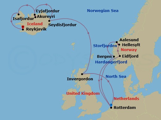 14 Night - Fjords of Norway & Iceland - Rotterdam - Starting in Rotterdam, the Netherlands, Scenic cruising Hardangerfjord, Eidfjord, Norway, Scenic cruising Storfjorden, Hellesylt, Norway, Alesund, Norway, Bergen, Norway, Rotterdam, the Netherlands, Invergordon (Inverness), Scotland, United Kingdom, Seydisfjordur, Iceland, Scenic cruising Seydisfjordur, Akureyri, Iceland, Scenic cruising Eyjafjordur, Isafjordur, Iceland, Scenic Cruising Isafjardurdjur, Reykjavik, Iceland itinerary map
