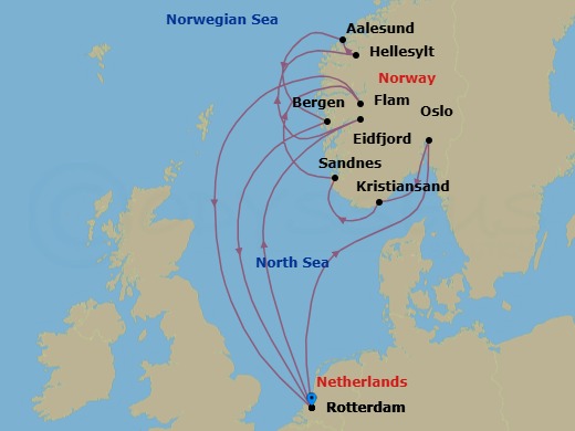 14 Night - Norwegian Fjords & Storfjorden - Rotterdam - Starting in Rotterdam, the Netherlands, Scenic cruising Oslofjord, Oslo, Norway, Kristiansand, Norway, Sandnes (Stavanger), Norway, Scenic cruising Sognefjord, Flam, Norway, Rotterdam, the Netherlands, Scenic cruising Hardangerfjord, Eidfjord, Norway, Scenic cruising Storfjorden, Hellesylt, Norway, Alesund, Norway, Bergen, Norway, Rotterdam, the Netherlands itinerary map