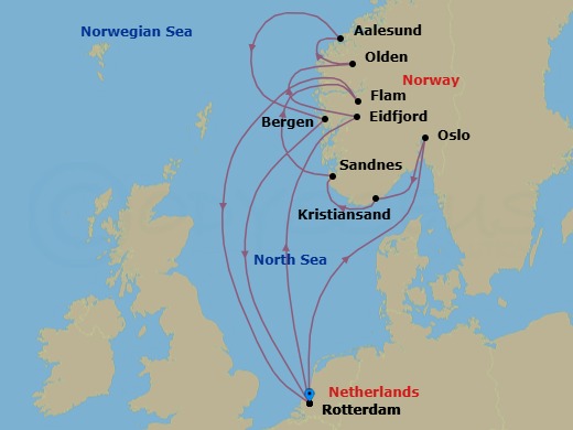 14 Night - Norwegian Fjords & Nordfjord - Rotterdam - Starting in Rotterdam, the Netherlands, Scenic cruising Oslofjord, Oslo, Norway, Kristiansand, Norway, Sandnes (Stavanger), Norway, Scenic cruising Sognefjord, Flam, Norway, Rotterdam, the Netherlands, Eidfjord, Norway, Scenic cruising Hardangerfjord, Olden, Norway, Scenic Cruising Nordfjord, Alesund, Norway, Bergen, Norway, Rotterdam, the Netherlands itinerary map