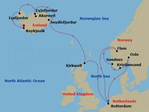 14 Night - Fjords of Norway & Iceland - Rotterdam - Starting in Rotterdam, the Netherlands, Scenic cruising Oslofjord, Oslo, Norway, Kristiansand, Norway, Sandnes (Stavanger), Norway, Scenic cruising Sognefjord, Flam, Norway, Rotterdam, the Netherlands, Kirkwall, Scotland, United Kingdom, Seydisfjordur, Iceland, Scenic cruising Seydisfjordur, Akureyri, Iceland, Scenic cruising Eyjafjordur, Isafjordur, Iceland, Scenic Cruising Isafjardurdjur, Reykjavik, Iceland itinerary map