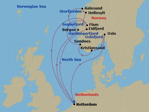 14 Night - Norwegian Fjords & Sognefjord - Rotterdam - Starting in Rotterdam, the Netherlands, Scenic cruising Hardangerfjord, Eidfjord, Norway, Scenic cruising Storfjorden, Hellesylt, Norway, Alesund, Norway, Bergen, Norway, Rotterdam, the Netherlands, Scenic cruising Oslofjord, Oslo, Norway, Kristiansand, Norway, Sandnes (Stavanger), Norway, Scenic cruising Sognefjord, Flam, Norway, Rotterdam, the Netherlands itinerary map