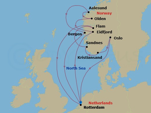 14 Night - Norwegian Fjords & Sognefjord - Rotterdam - Starting in Rotterdam, the Netherlands, Eidfjord, Norway, Scenic cruising Hardangerfjord, Olden, Norway, Scenic Cruising Nordfjord, Alesund, Norway, Bergen, Norway, Rotterdam, the Netherlands, Scenic cruising Oslofjord, Oslo, Norway, Kristiansand, Norway, Sandnes (Stavanger), Norway, Scenic cruising Sognefjord, Flam, Norway, Rotterdam, the Netherlands itinerary map
