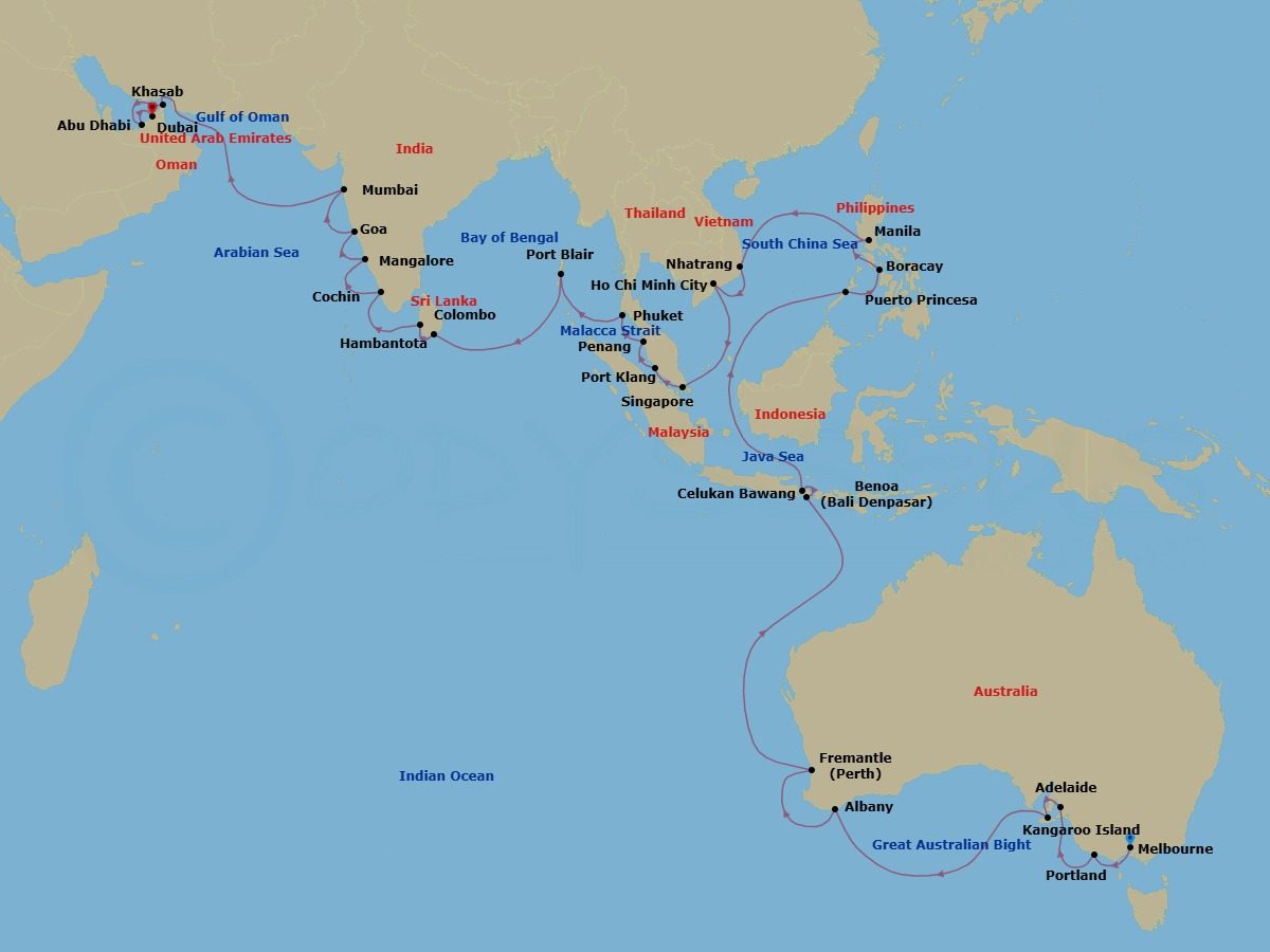 47 Night - Asia and Asia Pacific from Melbourne to Dubai - Crystal Symphony - Starting in Melbourne, Portland AU, Adelaide, Kangaroo Island, Albany AU, Australia, Fremantle (Perth), Bali, Celukan Bawang (Bali), Puerto Princesa, Boracay, Manila, Nha Trang, Ho Chi Minh City, Singapore, Port Klang (Kuala Lumpur), Penang, Phuket, Port Blair, Hambantota, Colombo, Cochin, New Mangalore, Mormugao (Goa), Mumbai, Khasab, Abu Dhabi, Dubai itinerary map