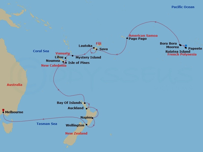 25 Night - South Pacific - Crystal Symphony - Starting in Papeete (Tahiti), Moorea Island, Raiatea, Bora Bora (Society Islands), Pago Pago, Date Line lose a day, Suva, Lautoka, Mystery Island, Anelghowhat, Lifou, Noumea, Pine Island, Bay of Islands, Auckland, Napier, Wellington itinerary map