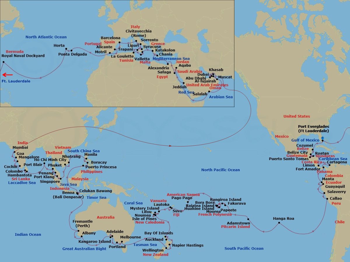 150 Night - World Cruise - Crystal Symphony - Starting in Fort Lauderdale, Cozumel, Quintana Roo, Belize City, Santo Tomas, Roatan Island, Puerto Limon, Cartagena CO, Panama Canal Transit, Fuerte Amador (Panama City), Manta, Guayaquil, Salaverry, Lima (Callao), Hanga Roa, Adamstown (Sightseeing Only), Fakarava, Rangiroa, Huahine, Papeete (Tahiti), Moorea Island, Raiatea, Bora Bora (Society Islands), Pago Pago, Date Line lose a day, Suva, Lautoka, Mystery Island, Anelghowhat, Lifou, Noumea, Pine Island, Bay of Islands, Auckland, Napier, Wellington, Melbourne, Portland AU, Adelaide, Kangaroo Island, Albany AU, Australia, Fremantle (Perth), Bali, Celukan Bawang (Bali), Puerto Princesa, Boracay, Manila, Nha Trang, Ho Chi Minh City, Singapore, Port Klang (Kuala Lumpur), Penang, Phuket, Port Blair, Hambantota, Colombo, Cochin, New Mangalore, Mormugao (Goa), Mumbai, Khasab, Abu Dhabi, Dubai, Fujairah, Muscat, Salalah, Jeddah, Aqaba, Safaga (Luxor), Suez Canal (Transit), Alexandria EG, Souda (Chania), Katakolon, Siracusa (Sicily), Valletta, Tunis (La Goulette), Trapani, Lipari Island, Sorrento, Civitavecchia (Rome), Barcelona, Alicante, Motril, Ponta Delgada (Sao Miguel Island), Horta, Royal Naval Dockyard itinerary map