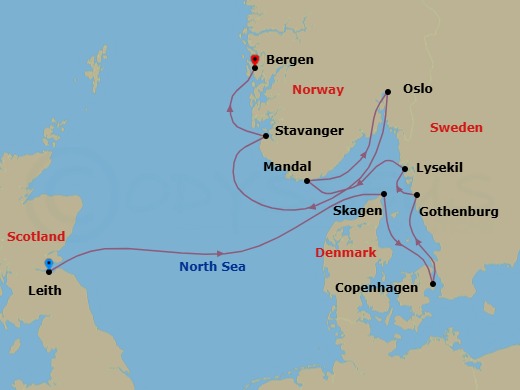 10 Night - Scotland & the Norwegian Fjords - Scenic Eclipse - Starting in Leith (Edinburgh), Skagen, Denmark, Copenhagen, Denmark, Gothenburg, Sweden, Lysekil, Sweden, Mandal, Norway, Oslo, Norway, Stavanger, Norway, Bergen, Norway itinerary map