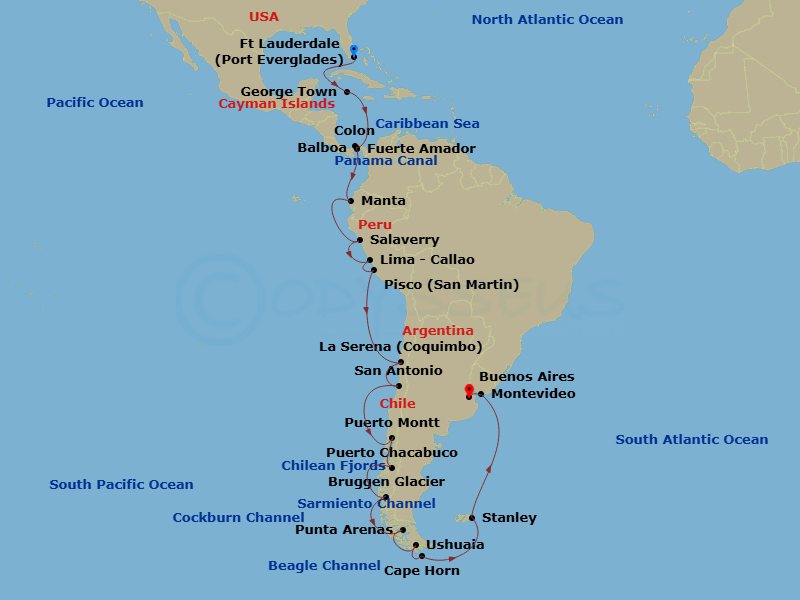 31 Night - Panama Canal, Inca & South America : Chilean Fjords - Oosterdam - Starting in Fort Lauderdale, Florida, Georgetown, Cayman Islands, Enter Panama Canal Cristobal, Cruising Panama Canal, Exit Panama Canal Balboa, Fuerte Amador, Panama, Crossing the Equator, Manta, Ecuador, Salaverry (Trujillo), Peru, Callao (Lima), Peru, General San Martin (Pisco), Peru, Coquimbo (La Serena), Chile, San Antonio CL (Santiago), Chile, Puerto Montt, Chile, Puerto Chacabuco, Chile, Cruising Chilean Fjords, Pio XI Glacier (Bruggen Glacier), Chile, Scenic cruising Sarmiento Channel, Strait of Magellan, Punta Arenas, Chile, Cockburn Channel, Beagle Channel, Daylight cruising Glacier Alley, Ushuaia, Argentina, Scenic Cruising Cape Horn, Port Stanley, Falkland Islands, Montevideo, Uruguay, Buenos Aires, Argentina itinerary map