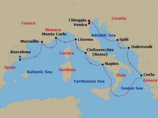 12 Night - Mediterranean Odyssey - Viking Star - Starting in Barcelona, Marseille, Monte Carlo, Florence / Pisa (Livorno), Rome (Civitavecchia), Naples, Sail the Ionian Sea, Corfu (Kerkyra), Dubrovnik, Croatia, Split, Venice, Venice (Chioggia) itinerary map