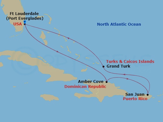 7 Night - Eastern Caribbean with Puerto Rico - Sun Princess - Starting in Fort Lauderdale, Florida, Amber Cove, Dominican Republic, San Juan, Puerto Rico, Grand Turk, Turks and Caicos, Fort Lauderdale, Florida itinerary map