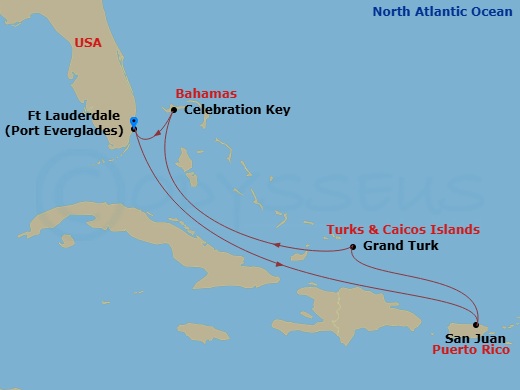 7 Night - Eastern Caribbean with Celebration Key Holiday - Sun Princess - Starting in Fort Lauderdale, Florida, San Juan, Puerto Rico, Grand Turk, Turks and Caicos, Celebration Key, Bahamas, Fort Lauderdale, Florida itinerary map