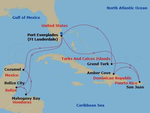 14 Night - Eastern / Western Caribbean Adventurer - Sun Princess - Starting in Fort Lauderdale, Florida, Cozumel, Mexico, Roatan (Isla Tropicale), Honduras, Belize City, Belize, Fort Lauderdale, Florida, Grand Turk, Turks and Caicos, San Juan, Puerto Rico, Amber Cove, Dominican Republic, Fort Lauderdale, Florida itinerary map
