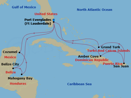 14 Night - Eastern / Western Caribbean Adventurer - Sun Princess - Starting in Fort Lauderdale, Florida, Amber Cove, Dominican Republic, San Juan, Puerto Rico, Grand Turk, Turks and Caicos, Fort Lauderdale, Florida, Cozumel, Mexico, Roatan (Isla Tropicale), Honduras, Belize City, Belize, Fort Lauderdale, Florida itinerary map