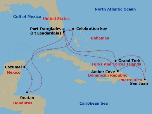 14 Night - Eastern / Western Caribbean Adventurer with Celebration Key - Sun Princess - Starting in Fort Lauderdale, Florida, Roatan (Isla Tropicale), Honduras, Cozumel, Mexico, Celebration Key, Bahamas, Fort Lauderdale, Florida, Amber Cove, Dominican Republic, San Juan, Puerto Rico, Grand Turk, Turks and Caicos, Fort Lauderdale, Florida itinerary map