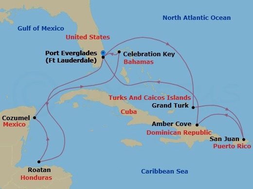 14 Night - Eastern / Western Caribbean Adventurer with Celebration Key - Sun Princess - Starting in Fort Lauderdale, Florida, Grand Turk, Turks and Caicos, San Juan, Puerto Rico, Amber Cove, Dominican Republic, Fort Lauderdale, Florida, Roatan (Isla Tropicale), Honduras, Cozumel, Mexico, Celebration Key, Bahamas, Fort Lauderdale, Florida itinerary map