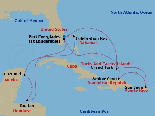 14 Night - Eastern / Western Caribbean Adventurer with Celebration Key - Sun Princess - Starting in Fort Lauderdale, Florida, Celebration Key, Bahamas, Roatan (Isla Tropicale), Honduras, Cozumel, Mexico, Fort Lauderdale, Florida, Grand Turk, Turks and Caicos, San Juan, Puerto Rico, Amber Cove, Dominican Republic, Fort Lauderdale, Florida itinerary map