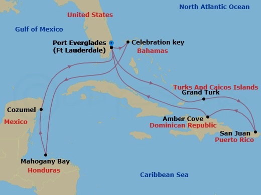 14 Night - Eastern / Western Caribbean Adventurer with Celebration Key - Sun Princess - Starting in Fort Lauderdale, Florida, Grand Turk, Turks and Caicos, San Juan, Puerto Rico, Amber Cove, Dominican Republic, Fort Lauderdale, Florida, Celebration Key, Bahamas, Roatan (Isla Tropicale), Honduras, Cozumel, Mexico, Fort Lauderdale, Florida itinerary map
